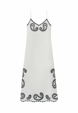 Vestido midi blanco sin mangas con tirantes finos que presenta bordado de cachemira negro en el pecho, los lados y el dobladillo con bordes ondulados.
