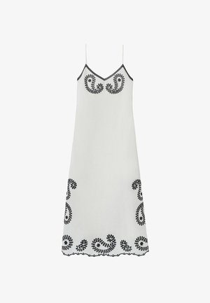 Vestito midi bianco senza maniche con spalline sottili, caratterizzato da ricamo paisley nero sul petto, i lati e l'orlo con bordi smerlati.
