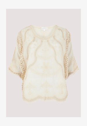 Cremefarbige Bluse aus Stoff mit aufwendiger Stickerei, gewelltem Saum und Spitzenverzierung an den Ärmeln. Rundhalsausschnitt mit subtiler Textur.