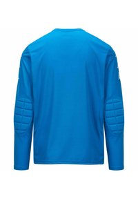 Maglietta atletica a maniche lunghe blu con accenti imbottiti texturizzati sui gomiti, scollatura tonda e finitura del tessuto liscia. Design semplice e funzionale.