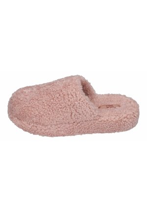 Pink fuzzy slippers with a soft, textured exterior. Slip-on design features an open back and a plush insole for comfort.