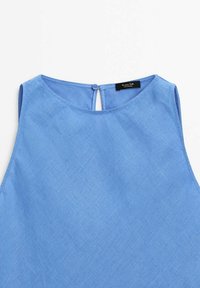 Light blue sleeveless top made from textured fabric. Features a rounded neckline, back button closure, and a subtle pattern.