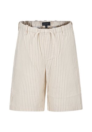 Shorts a righe beige realizzati in un tessuto leggero, con vita elastica e cordoncino, dotati di tasche laterali e vestibilità comoda.