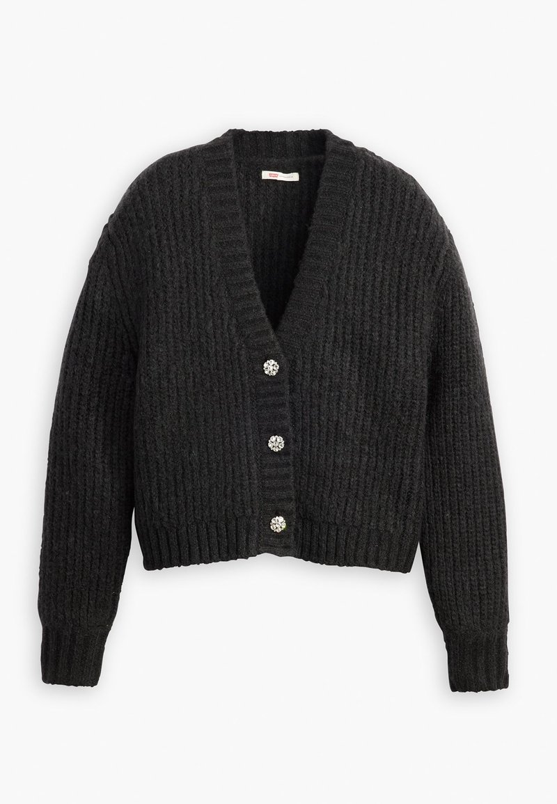 Czarny dzianinowy kardigan o ribbowym wzorze, z dekoltem w szpic i pięcioma ozdobnymi guzikami z przodu. Krótki krój i długie rękawy.