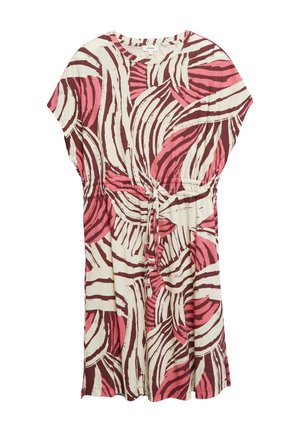 Sukienka o średniej długości z krótkimi rękawami, różowo-bordowy abstrakcyjny wzór liści, okrągły dekolt i ściągacz w talii.