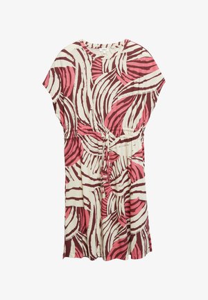 Midikleid mit kurzen Ärmeln, rosa und bordeauxfarbenem abstraktem Blattmuster, Rundhalsausschnitt und Taillenschnürung.