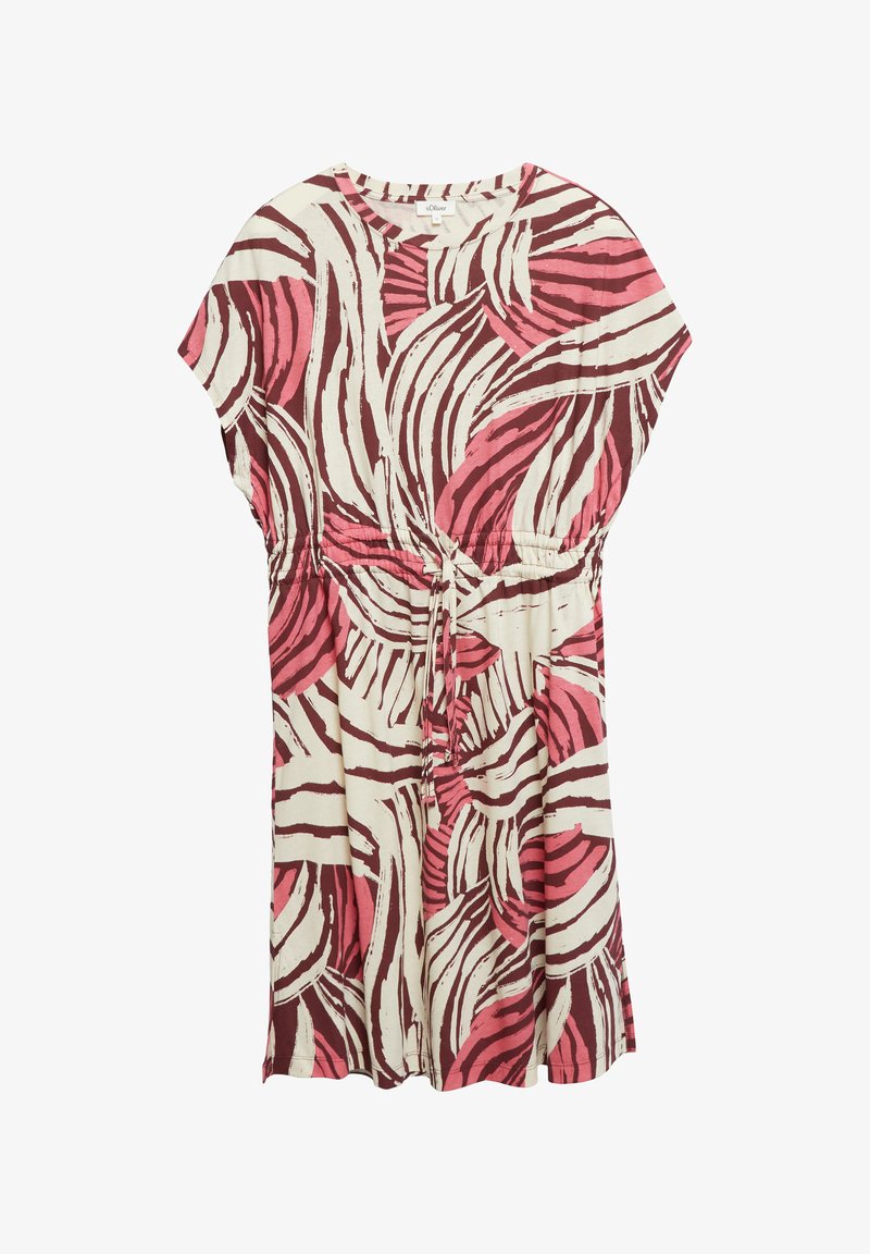 Robe mi-longue à manches courtes, motif abstrait de feuilles rose et bordeaux, col rond et cordon à la taille.