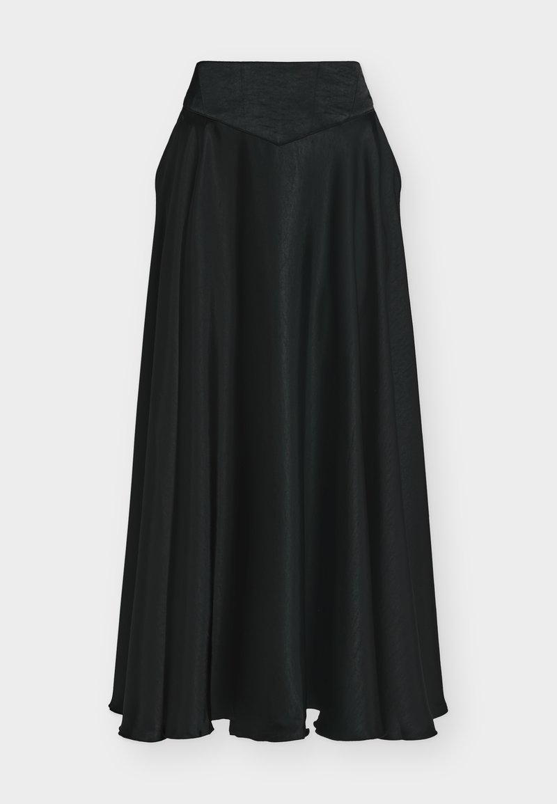 Μαύρη μακριά φούστα από ελαφρύ ύφασμα, με ρευστή γραμμή, ψηλή μέση και λεία, ελαφρώς γυαλιστερή υφή.