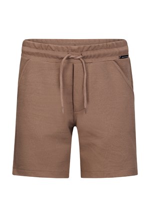Braune lässige Shorts mit elastischem Bund und verstellbarem Kordelzug, ausgestattet mit Seitentaschen und einem kleinen schwarzen Markenlabel in der Nähe der Taille.