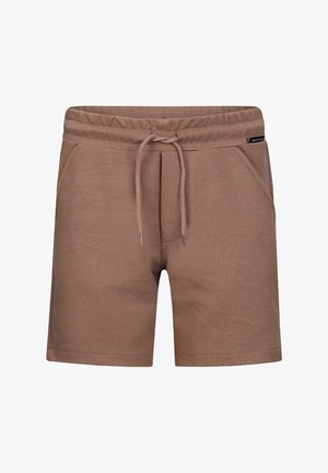 Brązowe krótkie spodenki casualowe z elastycznym pasem i regulowanym sznurkiem, wyposażone w boczne kieszenie oraz małą czarną metkę z logo marki w pobliżu talii.