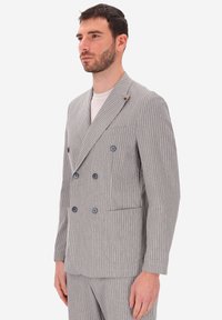 Uomo con capelli corti e scuri e barba, che indossa una giacca a doppio petto grigia chiara con righe sottili e pantaloni abbinati, che guarda di lato.