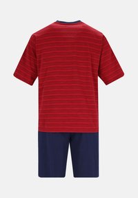 Rood gestreepte shirt met korte mouwen en marineblauwe kraag, gecombineerd met marineblauwe shorts. Gemaakt van zacht stof, met een relaxte pasvorm en een eenvoudig ontwerp.