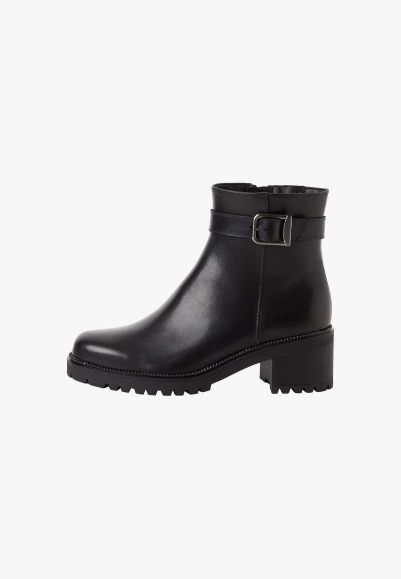 Bottine en cuir noir avec talon épais, bride latérale à boucle et semelle rainurée pour une bonne adhérence.