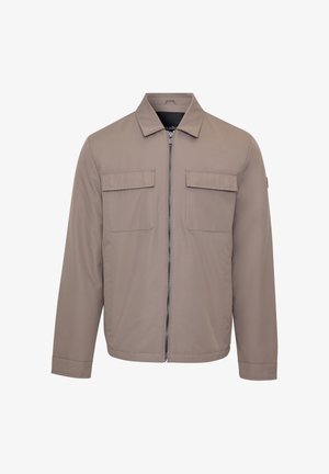 Light brown jacket with a zip closure, two chest pockets, and a point collar. Made of smooth fabric, featuring long sleeves and a straight cut.