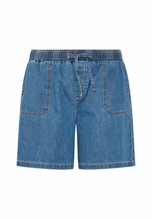 Shorts in denim blu con elastico in vita e coulisse frontale, caratterizzati da due tasche applicate anteriori e cuciture a contrasto.
