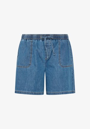 Blå denimshorts med elastisk talje og snøre foran, med to forlommer med lap og kontrastsyning.