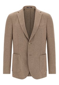 Blazer marrone in tweed con motivo a spina di pesce, caratterizzato da una chiusura con un solo bottone, rever a lancia e due tasche frontali.
