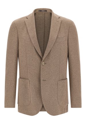 Hnědý tweedový blejzr se vzorem rybí kosti, s jedním zapínacím knoflíkem, klopami s výřezem a dvěma předními kapsami.