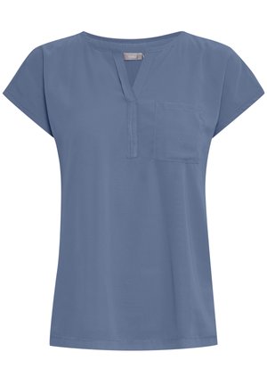 Blue short-sleeve top with a V-neck, front placket, and a small chest pocket. Made of lightweight fabric with a smooth texture.