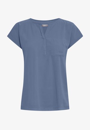 Blue short-sleeve top with a V-neck, front placket, and a small chest pocket. Made of lightweight fabric with a smooth texture.