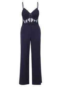 Combinaison bleu marine avec corsage en dentelle florale brodée, panneaux transparents à la taille, bretelles spaghetti et pantalon à jambes larges.
