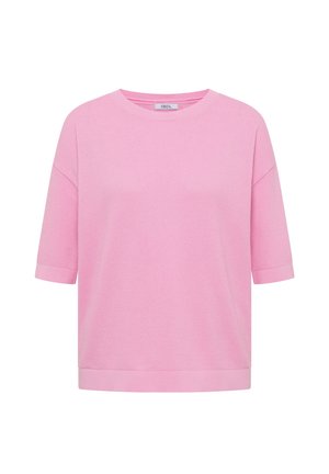 Pull tricoté rose à manches courtes avec encolure ronde et poignets et ourlet côtelés.