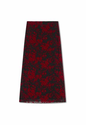 Schwarzer Rock mit rotem Blumenmuster, knielang, mit gewelltem Saum. Hergestellt aus leichtem Material mit glatter Textur.