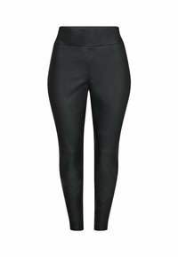 Leggings noirs avec une texture lisse et brillante, taille haute et design ajusté, se rétrécissant aux chevilles sans aucune quincaillerie ou motifs visibles.