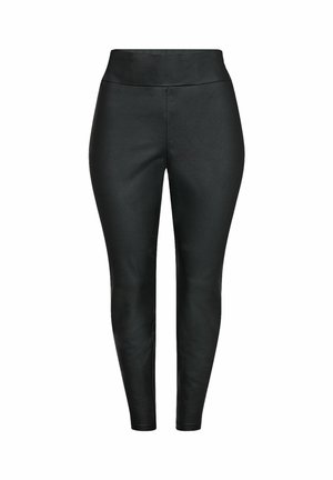 Svarta leggings med en jämn, glänsande yta, hög midja och figursydd design som smalnar av vid anklarna utan synlig hårdvara eller mönster.