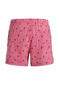 Κόκκινο και λευκό κατακόρυφα ριγωτό μαγιό με μικρά μαύρα σχέδια από φοίνικες και μια πίσω τσέπη, εμφανιζόμενο από πίσω.