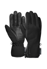Zwarte handschoenen met leren handpalmen, een zacht stoffen lichaam, een elastische pols en een ritssluiting. Voorzien van merkbranding en een waterbestendig ontwerp.