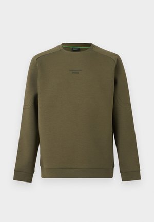 Ανοιχτό πράσινο φαρδύ φούτερ με λαιμόκοψη crewneck, διακριτικό ανάγλυφο λογότυπο στο στήθος και εφαρμοστά μανίκια, παρουσιάζεται σε απλό λευκό φόντο.