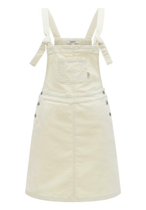 Vestito grembiule color crema in cotone con spalline regolabili, tasca frontale, chiusure laterali con bottoni e etichetta "ragwear" sul davanti.