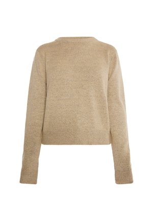 Bež pletena pulover s okroglim izrezom, dolgimi rokavi in sproščenim krojem. Teksturovana tkanina z nežnim heathered vzorcem.