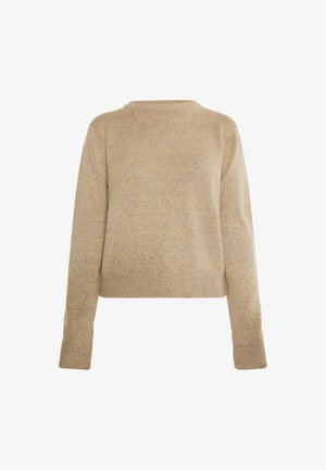 Suéter beige de punto con cuello redondo, mangas largas y corte relajado. Tejido texturizado con un sutil patrón jaspeado.