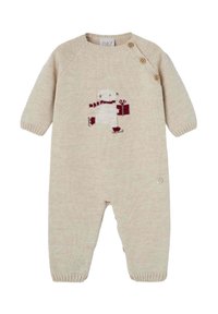 Tutina per neonati in maglia beige con maniche lunghe, caratterizzata da un design di un pupazzo di neve in bianco e bordeaux. Bottoni sulla spalla per un facile indossare.