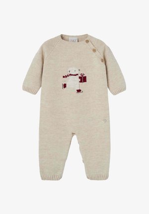 Tutina per neonati in maglia beige con maniche lunghe, caratterizzata da un design di un pupazzo di neve in bianco e bordeaux. Bottoni sulla spalla per un facile indossare.