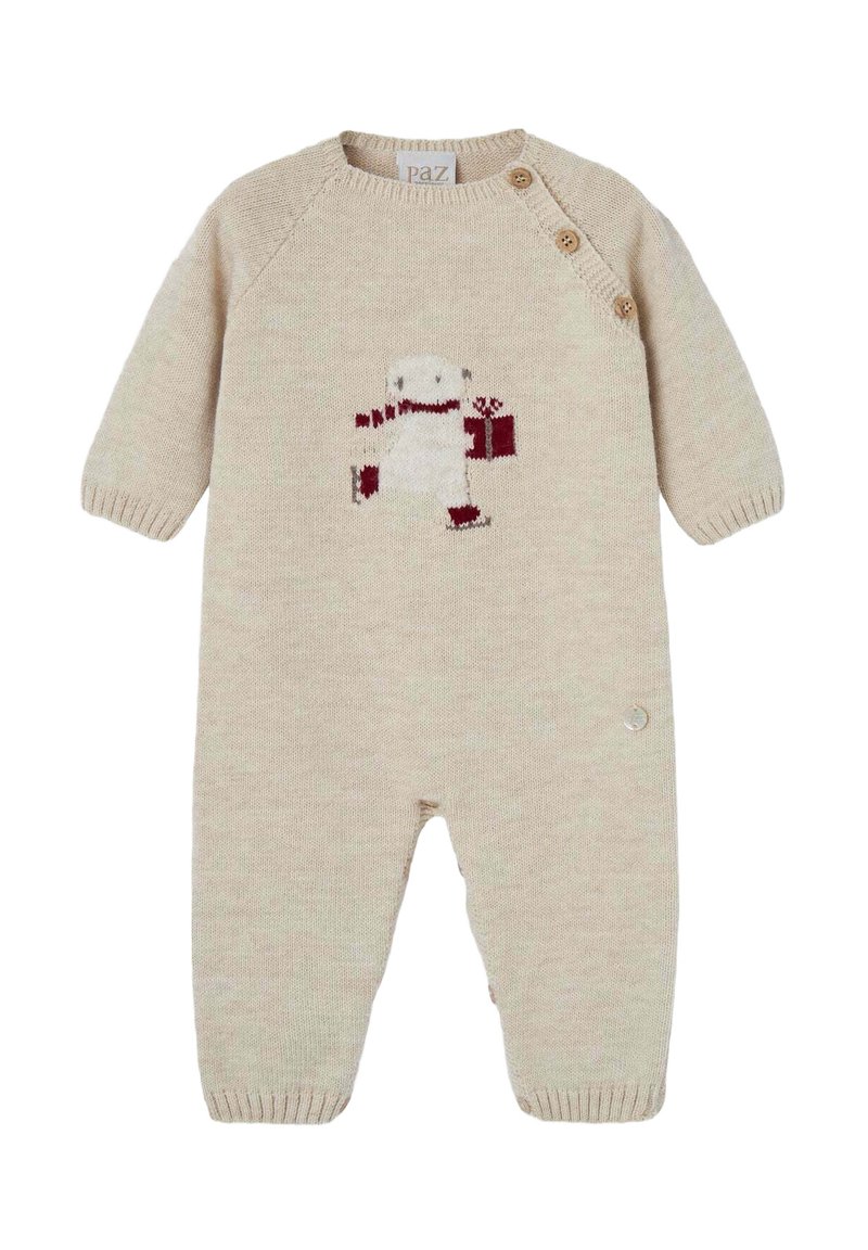 Tutina per neonati in maglia beige con maniche lunghe, caratterizzata da un design di un pupazzo di neve in bianco e bordeaux. Bottoni sulla spalla per un facile indossare.