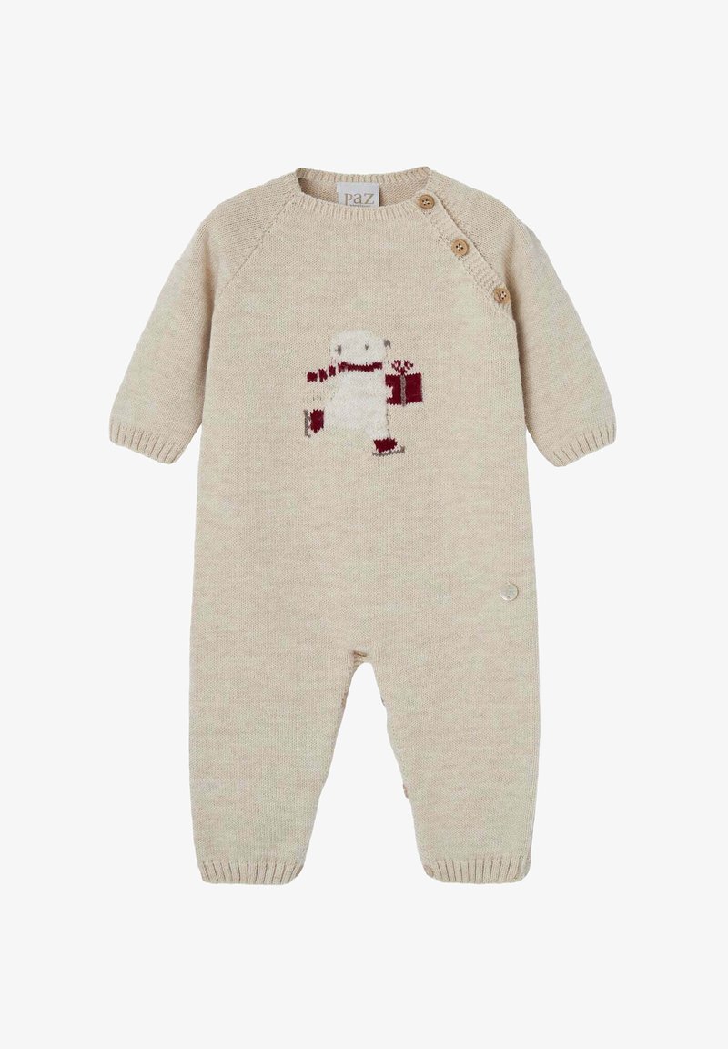 Grenouillère en tricot beige pour bébé avec des manches longues, présentant un motif de bonhomme de neige en blanc et bordeaux. Boutons à l'épaule pour un enfilage facile.