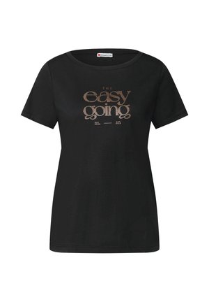 Zwarte t-shirt met korte mouwen van katoen, voorzien van een ronde halslijn en een bedrukte tekst "the easy going" in goud.