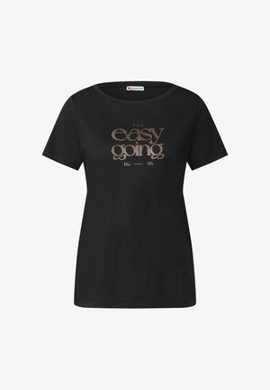 T-shirt noir à manches courtes en coton avec un col rond et un imprimé portant la mention "the easy going" en doré.