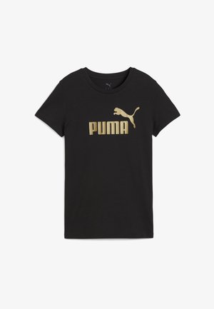 T-shirt en coton noir avec un logo « PUMA » en métal doré bien visible et un graphique de puma en saut. Encolure classique à col rond avec des manches courtes.