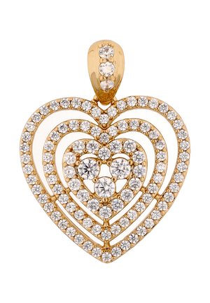 Arany szív alakú medál, három koncentrikus nyitott szívből áll, mindegyik körben fehér, kerek gyémántokkal körvonalazva, továbbá gyémántokkal díszített akasztóval.