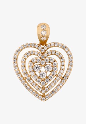Goldener herzförmiger Anhänger, geschichtet mit drei konzentrischen offenen Herzen, jeweils mit runden weißen Diamanten umrandet, plus eine diamantbesetzte Öse.