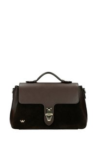 Borsa in pelle e suede marrone con una forma strutturata, dotata di una chiusura a lucchetto frontale e di un manico superiore. Accentuata da dettagli in metallo dorato.