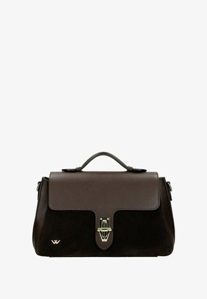 Borsa in pelle e suede marrone con una forma strutturata, dotata di una chiusura a lucchetto frontale e di un manico superiore. Accentuata da dettagli in metallo dorato.