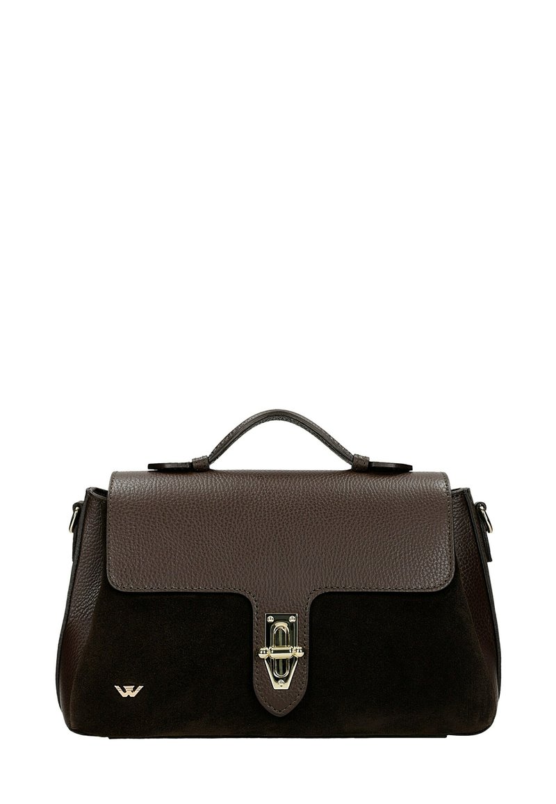 Borsa in pelle e suede marrone con una forma strutturata, dotata di una chiusura a lucchetto frontale e di un manico superiore. Accentuata da dettagli in metallo dorato.