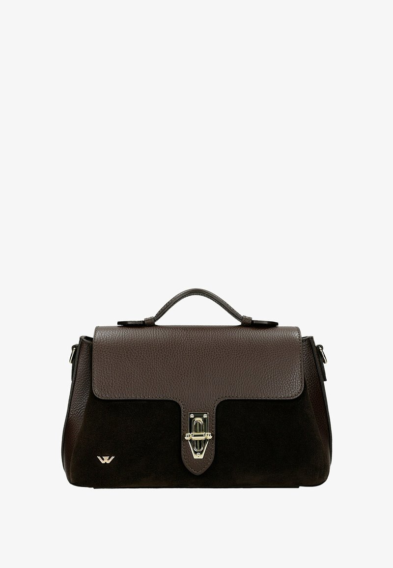 Bruine leren en suede handtas met een gestructureerde vorm, voorzien van een sluiting met vergrendeling aan de voorkant en een handvat aan de bovenkant. Accentuert met gouden hardware.