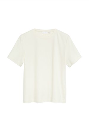 Gładka biała koszulka z krótkim rękawem i okrągłym dekoltem, klasyczny krój, lekka tkanina z małą metką marki wewnątrz kołnierza.