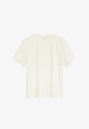 Gładka biała koszulka z krótkim rękawem i okrągłym dekoltem, klasyczny krój, lekka tkanina z małą metką marki wewnątrz kołnierza.